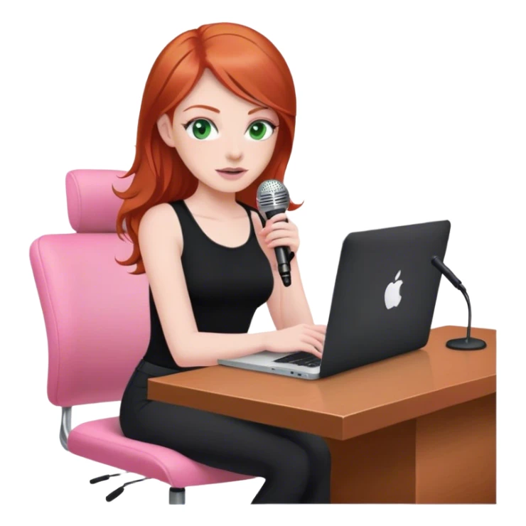 Redhead with green eyes sat at desk with pink MacBook and  podcast microphone black top and pink chair  sticker
