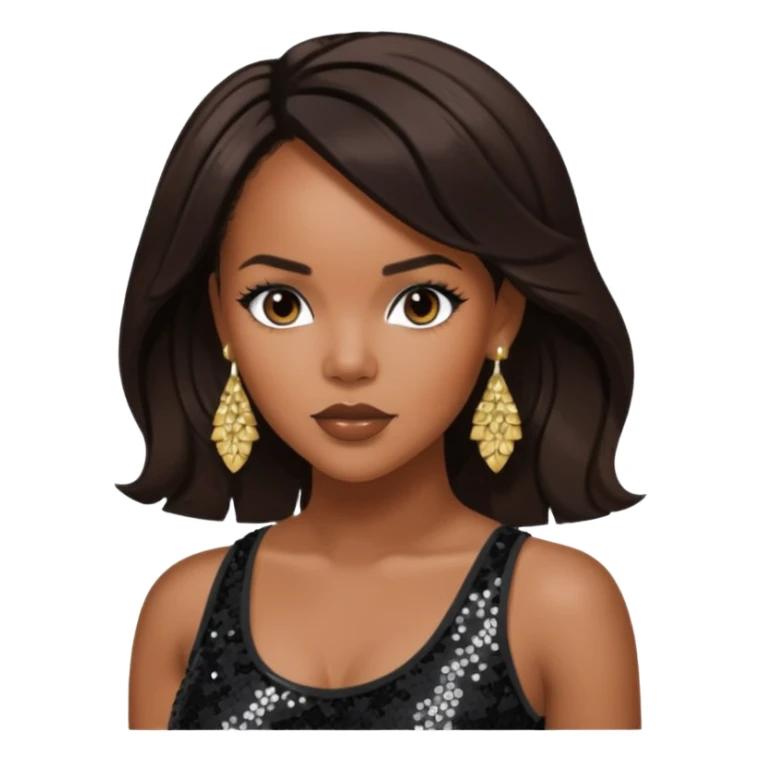 LeToya Luckett with long dark brown hair, black sequin crop top, black earring sticker