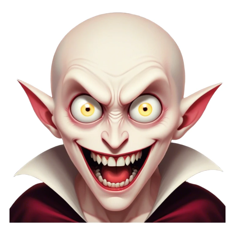 Cinematic Comical Vampire Portrait Emoji, with a sharply stylized, slightly caricatured pale face accented with exaggerated fangs and overly dramatic wide eyes filled with comic shock, head tilted in a hilariously startled pose, simplified yet amusingly detailed, glowing with a soft mysterious glow and a playful outline capturing the quirky humor of a vampire in disbelief! sticker