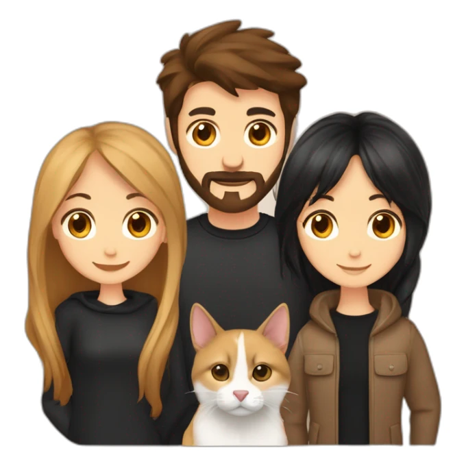 A girl with long brown hair, a guy with black hair and a beard, a small Belgian shepherd and a cat of golden color with cinnamon sticker