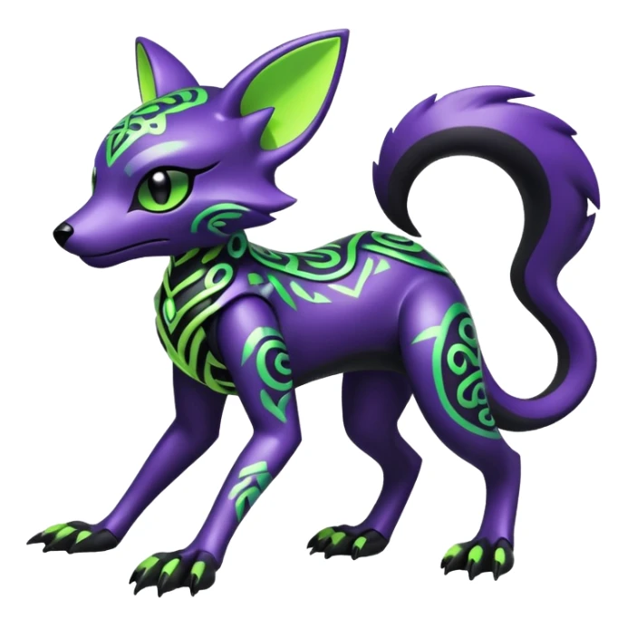 Futuristic modern badass cool shiny metallic alloy black-obsidian purple neon-green white lime animal hybrid Fakemon full body with intricate patterns sticker