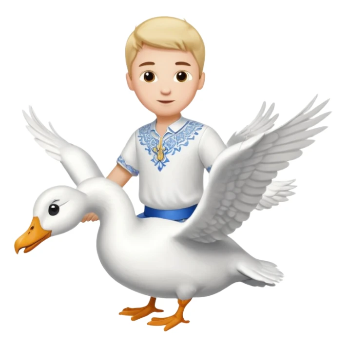 A boy in a Ukrainian white embroidered shirt flies on a white goose sticker