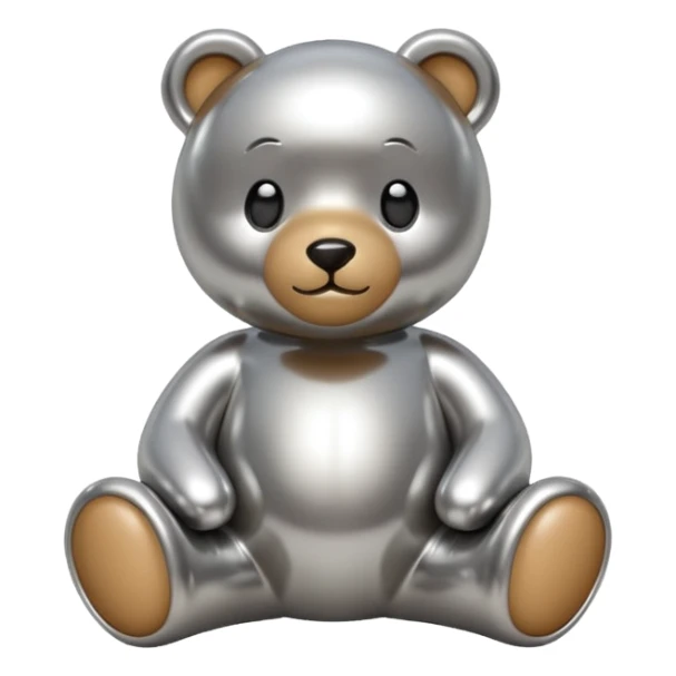 A cute teddy bear emoji made of liquid silver chrome, smooth rounded body, glossy metallic surface, soft reflections, friendly proportions, iOS emoji style, centered, clean white background sticker