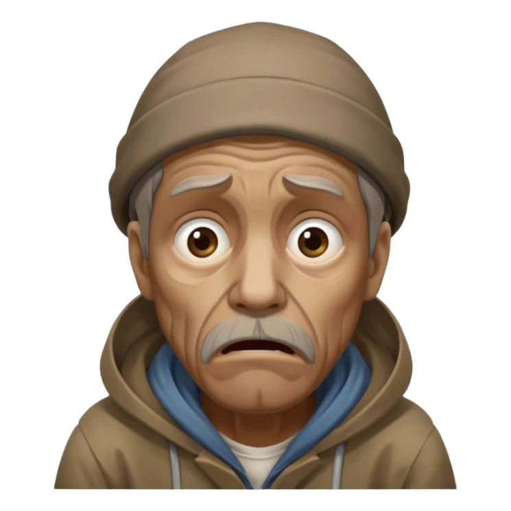 homeless man with a dead stare, looking into the abyss, shocked by overwhelming information sticker