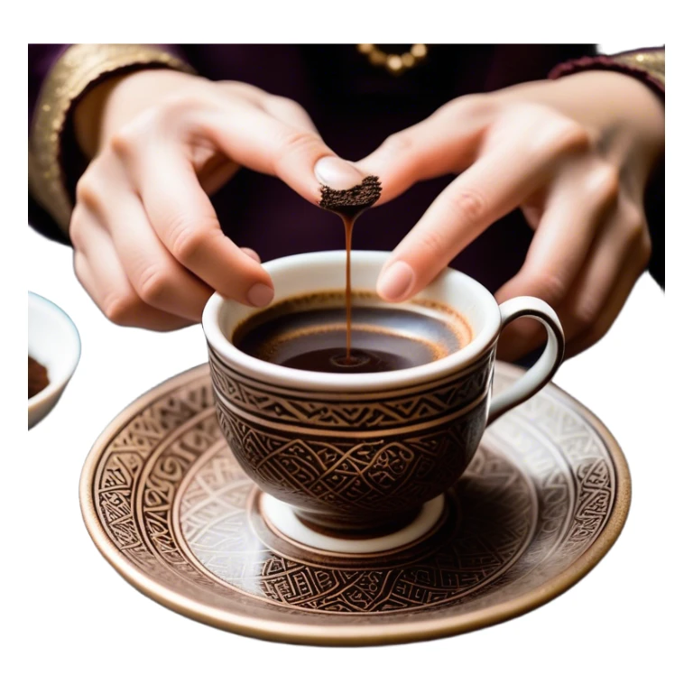 An empty Turkish coffee cup sitting on a saucer, with dark coffee grounds forming intricate and mysterious patterns inside the cup. The cup has been turned over, leaving a distinct ring of coffee residue on the saucer. A fortune teller’s hand is gently lifting the cup, revealing hidden symbols and shapes in the leftover grounds, creating a mystical and intriguing atmosphere sticker