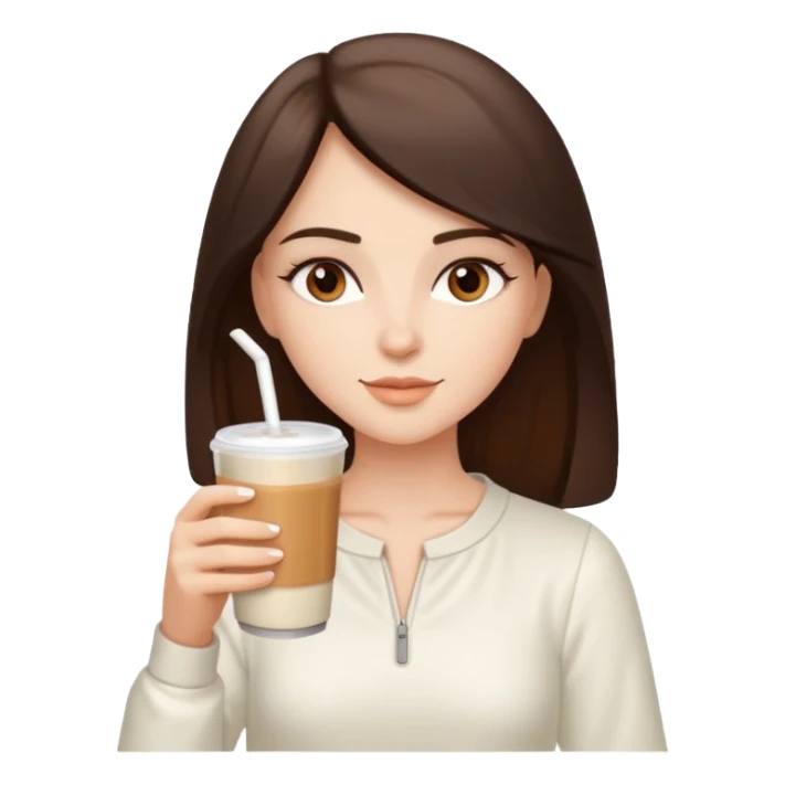 white brunette with brown eyes and a white outfit, drinking a caramel machiatto sticker