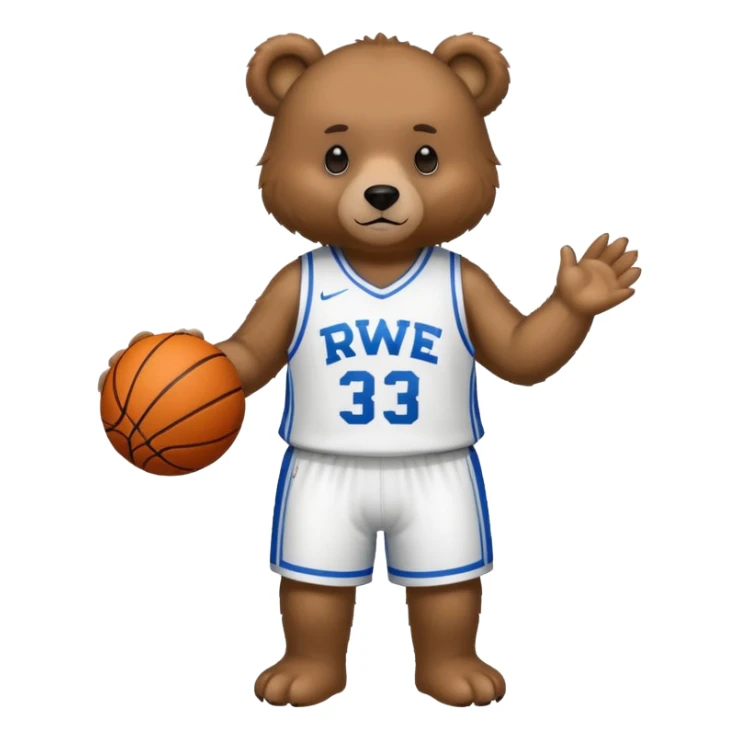 Bear with full body and wearing basketball white  jersey that says RWE  sticker