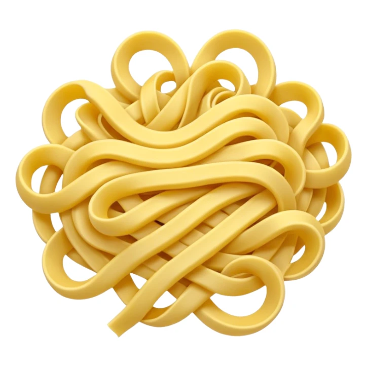 loose tangle of pale yellow cooked noodles with soft glossy texture and natural curves, strands slightly twisted and overlapping, freshly prepared dish, no bowl chopsticks or sauce, apple emoji style, soft lighting, subtle shadows, emoji scale sticker