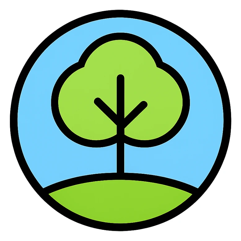 round badge with a tree and grass, frutiger-aero style, minimalistic, fresh and airy color palette sticker