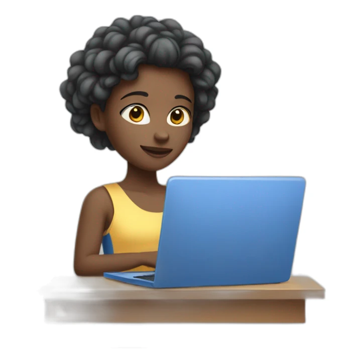Girl with white skin in blue clothes behind laptop  sticker