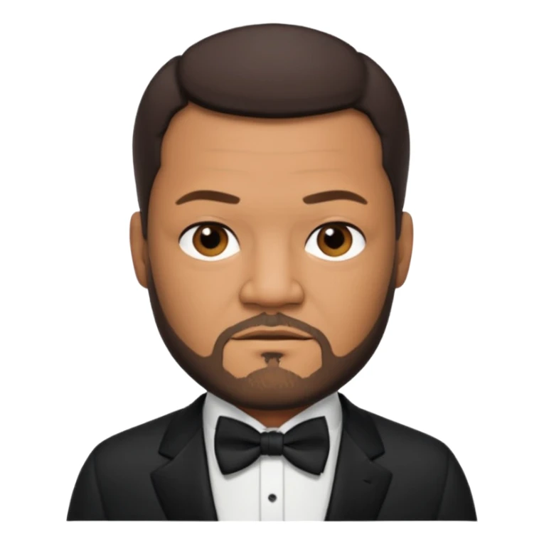Laurence Fishburne with dark brown hair and short beard, black suit with bow tie sticker