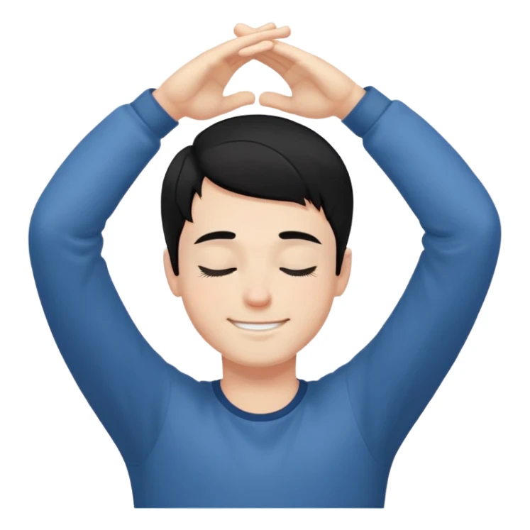 white boy smiling with right hand behind head, black hair, closed eyes sticker