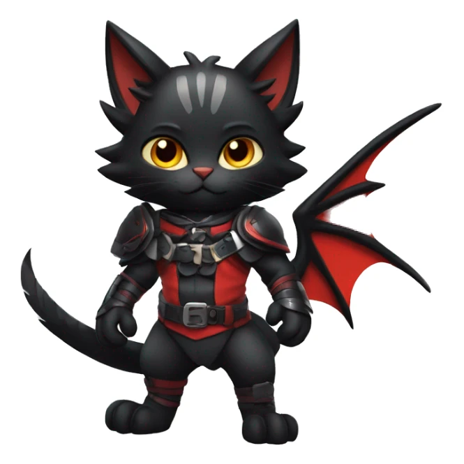 Cool Edgy Warrior Litten-Nargacuga-Cat with black bat-wing-ears with a red harness full body sticker