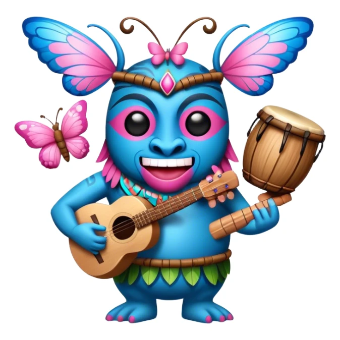 Cartoon Blue and pink tiki singing with butterfly and bongos sticker