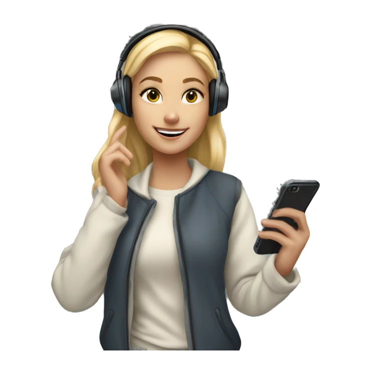 blonde female student standing by a locker wearing wireless headphones, winter coat, taking a selfie with cell phone sticker