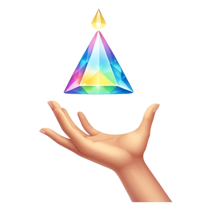Pov white tone skin hand holding a glowing prism refracting light.  Only the hand should be displayed, nothing else.  sticker
