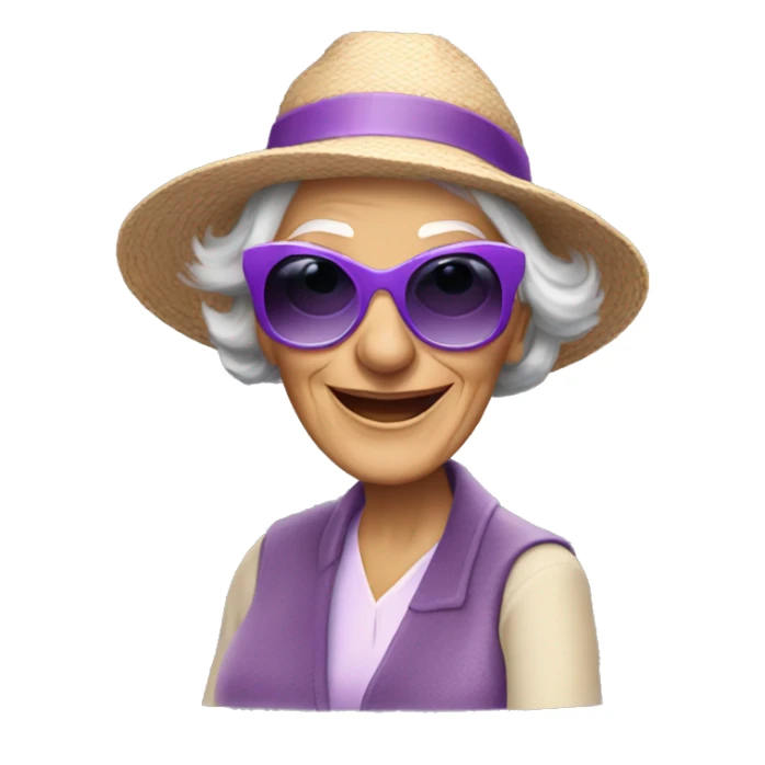 Older lady in a mobility scooter wearing purple sunglasses and a big hat sticker