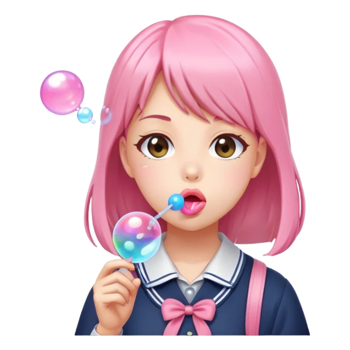 Anime style school girl blowing a big bubble with bubblegum sticker