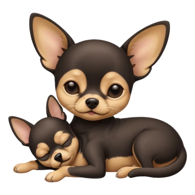 A high-resolution photo-realistic digital illustration of a cute  black with a bit of tan chihuahua with eyes closed shut sleeping lazily on the ground sticker
