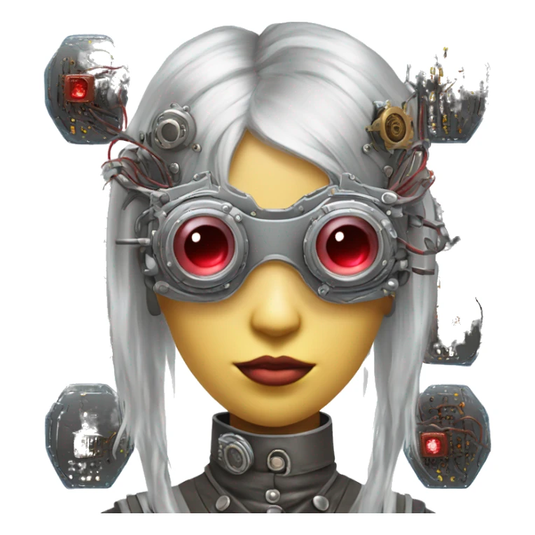 Silver long hair female cyborg head with red steampunk goggles and circuits sticker