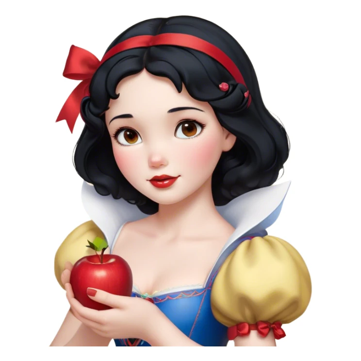 Cinematic Realistic Snow White Portrait, depicted with lifelike skin texture, soft natural lighting, and intricately detailed black hair styled with a red ribbon. Her soft brown eyes radiate innocence and kindness, complemented by a warm, gentle smile. She holds an apple in one hand, her other hand resting against her cheek, embodying her purity and charm. She is dressed in her classic yellow, blue, and red gown, the fabric rich in texture with delicate folds that catch the light beautifully. The portrait features a soft, natural glow with a radiant finish, capturing the essence of timeless beauty in a realistic and painterly style. sticker