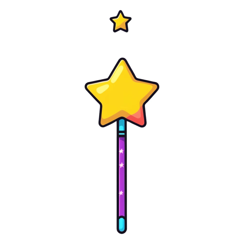 Glowing magic wand with colorful sparkles and a star tip sticker