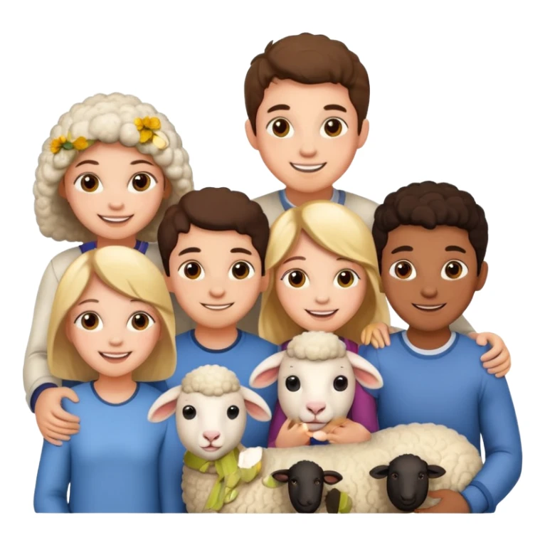 5 persons (3 girls and 2 boys) and a sheep sticker