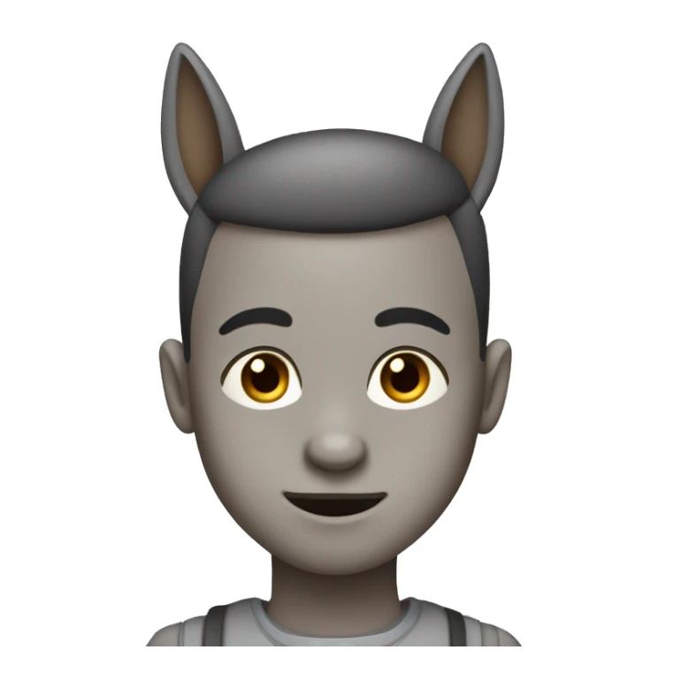 boy with buzzcut, with gray donkey ears, brown eyes, cross-eyed, wearing collar sticker