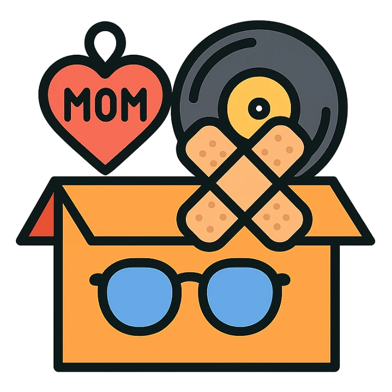An open box containing a protective amulet from mom, a vinyl record from a friend, bandages, and glasses sticker