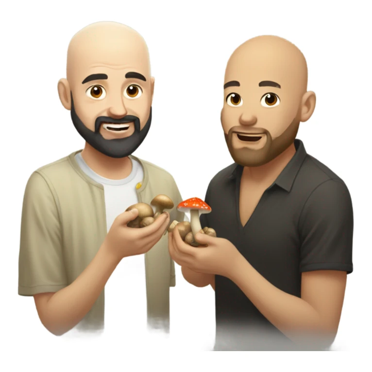 Bald bearded white man and wavy black haired Asian man eating mushrooms sticker