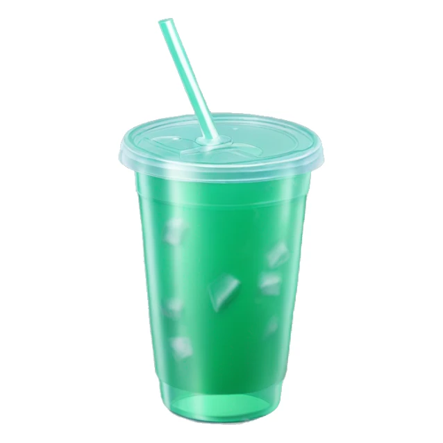 Realistic plastic cup and lid with Transluscent dark mint green and large ice cubes inside and one straw through the top of the lid. sticker