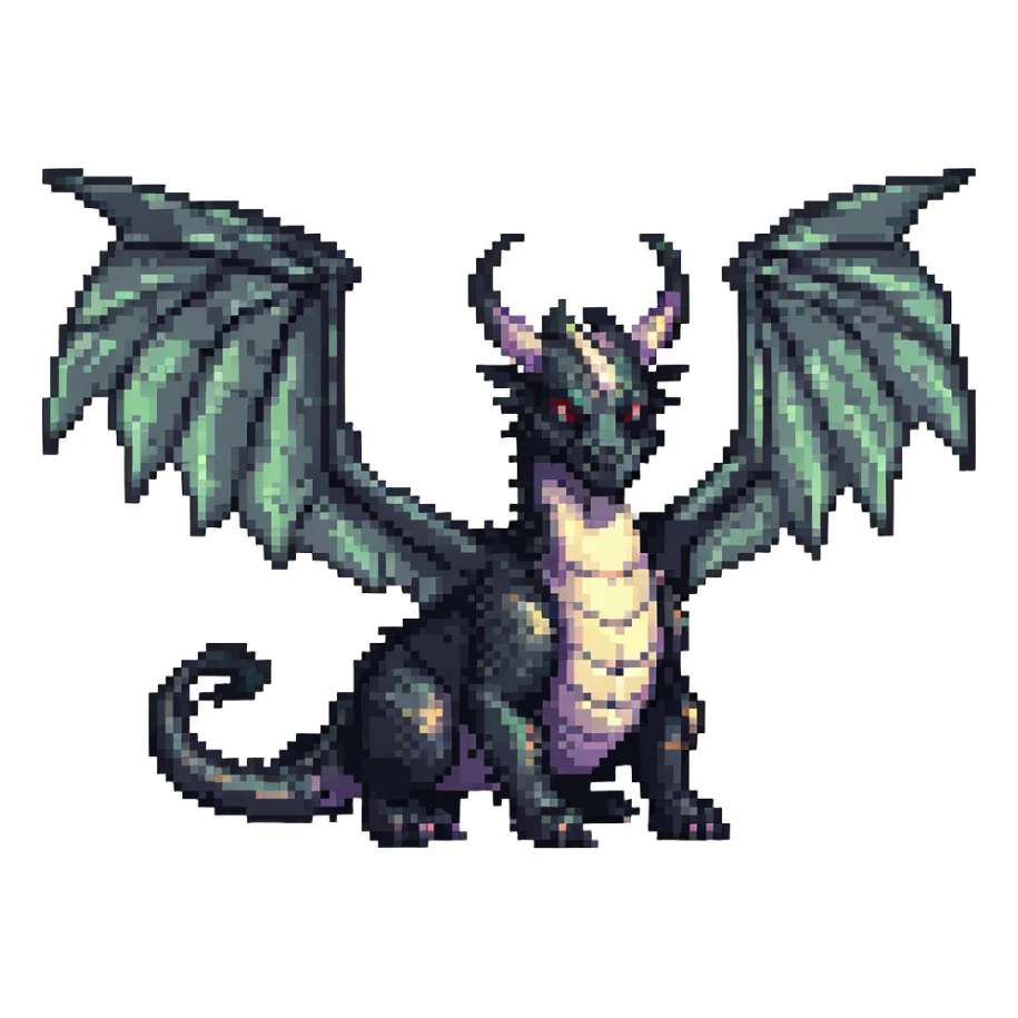 black dragon, big wings, two medium horns, pixel art style sticker