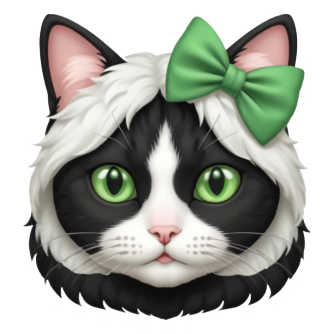 A black and white cat with green eyes she has a bow on her head she’s kinda fluffy  sticker