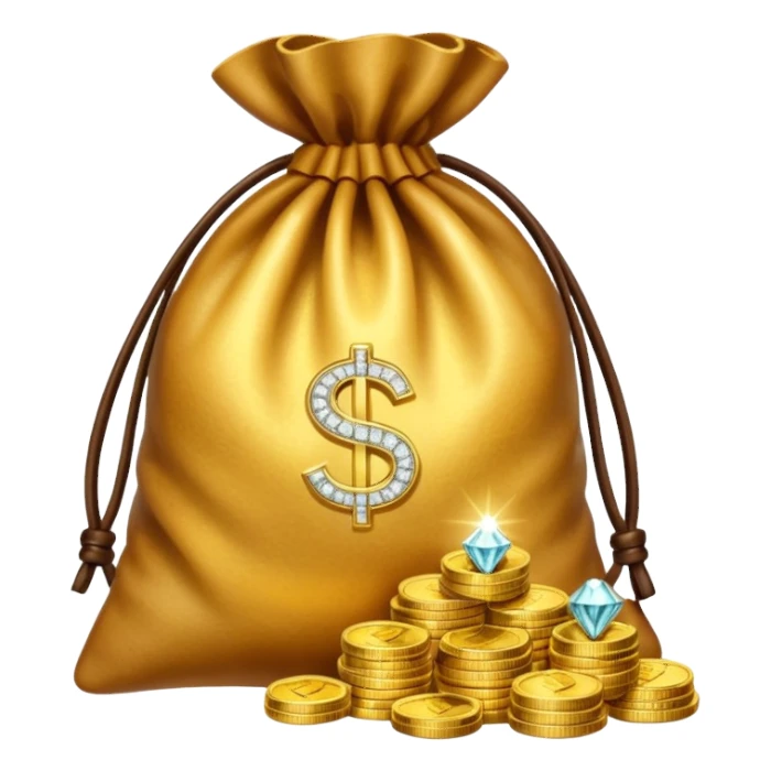 Create an emoji that shows a stack of gold coins, a diamond, and a money bag together. sticker