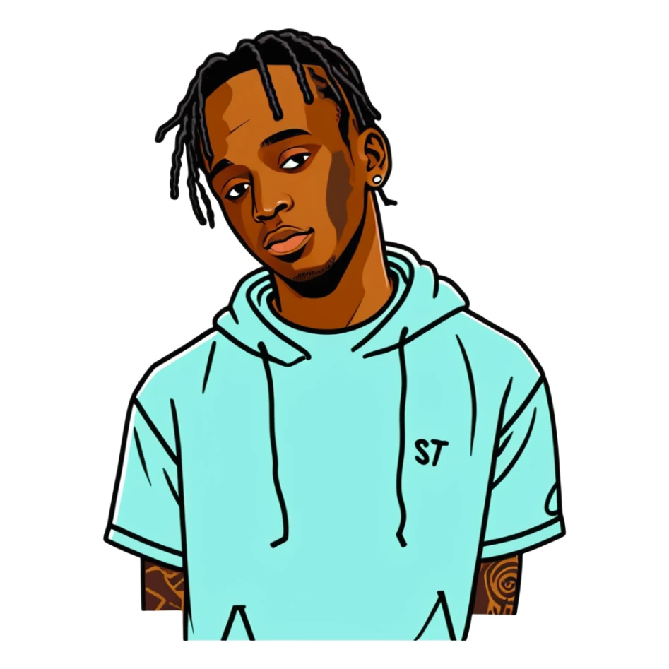 2021 Travis Scott celebrity and rapper, hperrealistic, mirco-detailed, vivid, bold colo=s, 3D sticker design
 Must be 8k hd, 8000x8000px resolution. Must use very thin transparent smooth lines sticker