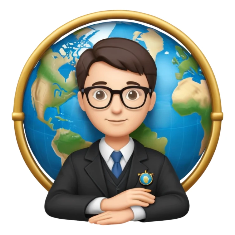 professor with glasses and academic attire rotating a world globe sticker