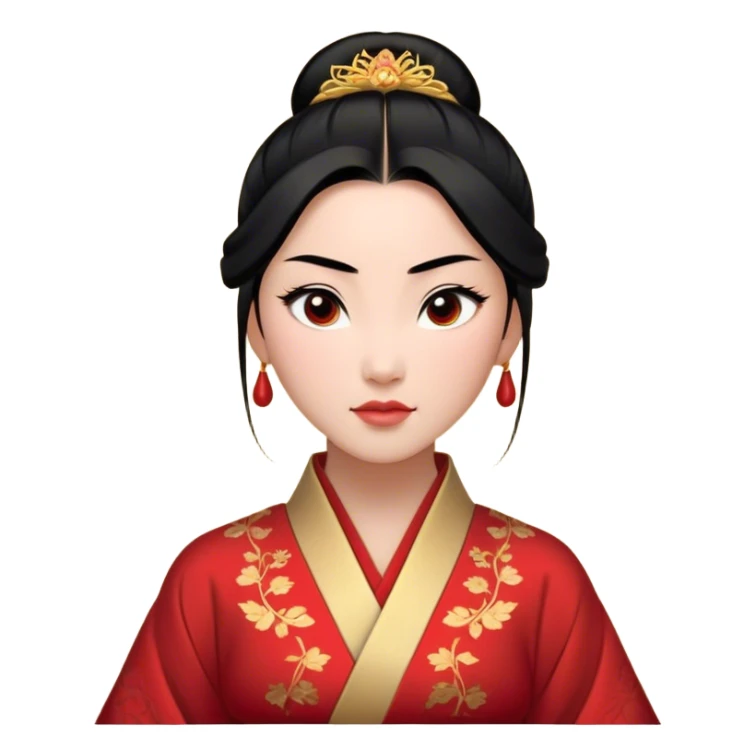 Cinematic Realistic Majestic Mulan Portrait, featuring finely rendered light skin with natural luminescence and expressive, determined eyes. Her black hair is styled with care into an elegant bun, and every fold of her traditional robe—adorned with subtle red motifs and refined gold trim—is depicted with intricate fabric detail. The scene is bathed in soft, natural light that enhances the depth and authenticity of the image, conveying a noble and serene aura that embodies timeless elegance and inner fortitude. sticker