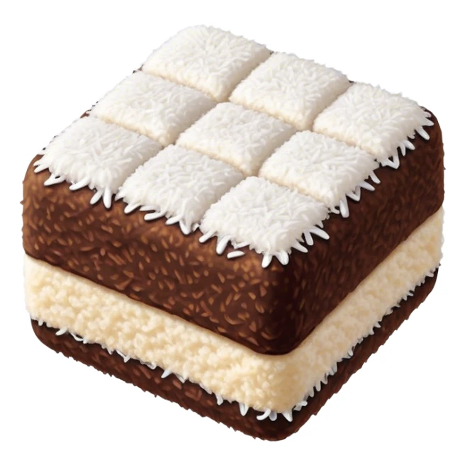 Cinematic Realistic Lamingtons Dessert Emoji, depicted as soft sponge squares coated in chocolate and coconut rendered with mouth‚Äêwatering detail and vibrant lighting. sticker