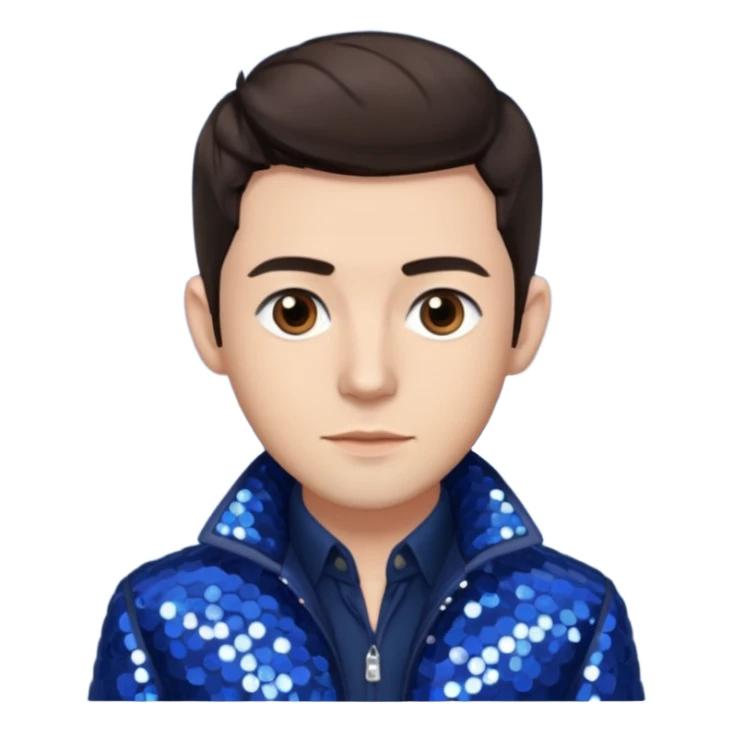 Jonathan Bailey with dark brown hair, brown eye, ivory sequin jacket, navy blue shirt sticker