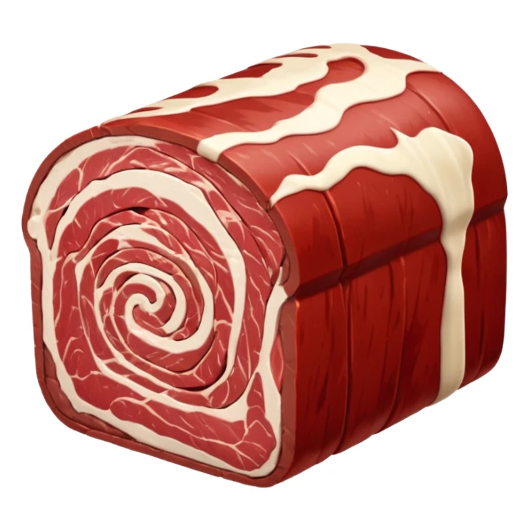 raw beef roast, thick cylindrical shape, deep red muscle tone, light marbling, thin creamy white fat layer on one side, smooth firm surface, slight natural grain, no string, tray, or garnish, soft lighting, subtle shadows, transparent background, emoji scale sticker