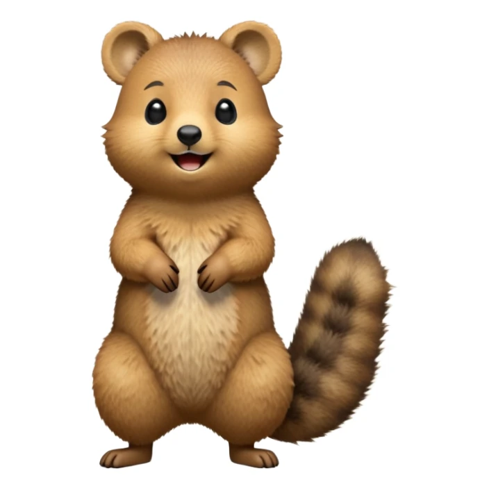 cinematic-quokka-realistic-full-body-standing on its hind legs hunched over-emoji,-small-round-frame-balanced-on-tiny-strong-hind-legs,giant fluffy cheeks large smile-fluffy-brown-fur-radiating-a-warm-softness skinny tail, ,-big-round-eyes-filled-with-joy-and-innocence,-tiny-clawed-paws-held-close-to-chest,-cheerful-smile-exuding-endearing-happiness,-simplified-yet-realistic-focused-features,-highly-detailed,-glowing-with-a-sunny-warmth, expressive eyes  sticker