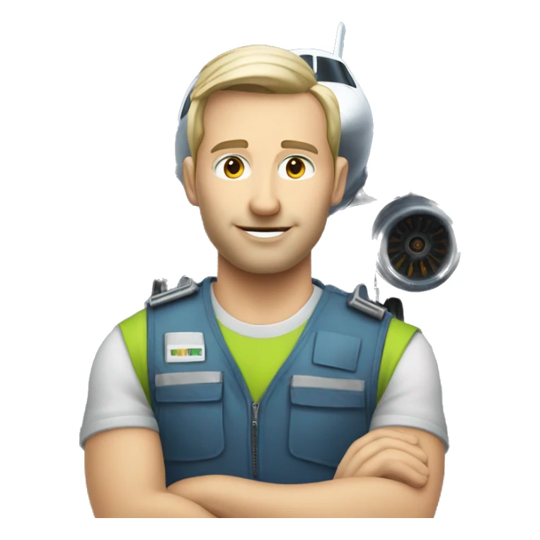 white skin male coordinator with vest on checking aircraft motor sticker