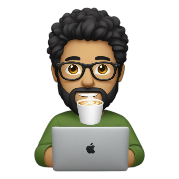 Designer with black hair, beard and glasses working with MacBook and drinking cappuccino  sticker