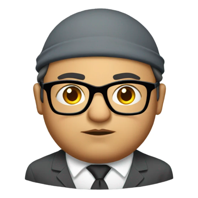 Grumpy fat indian teacher with glasses, and wearing gray beret and small eyes sticker
