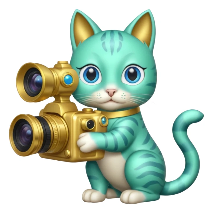 A green cat with blue eyes holds a camera and a gold horse statue  sticker