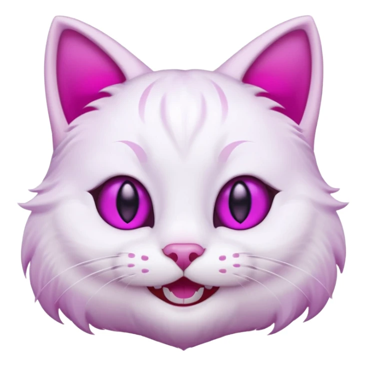 White cat smiling with teeth showing, pink inner ears, magenta purple eyes, looks like discord's Smiling Cat emoji sticker
