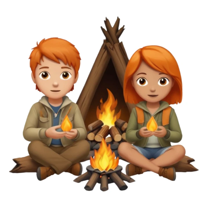 A boy with brown hair and a orange haired girl sitting at a campfire sticker