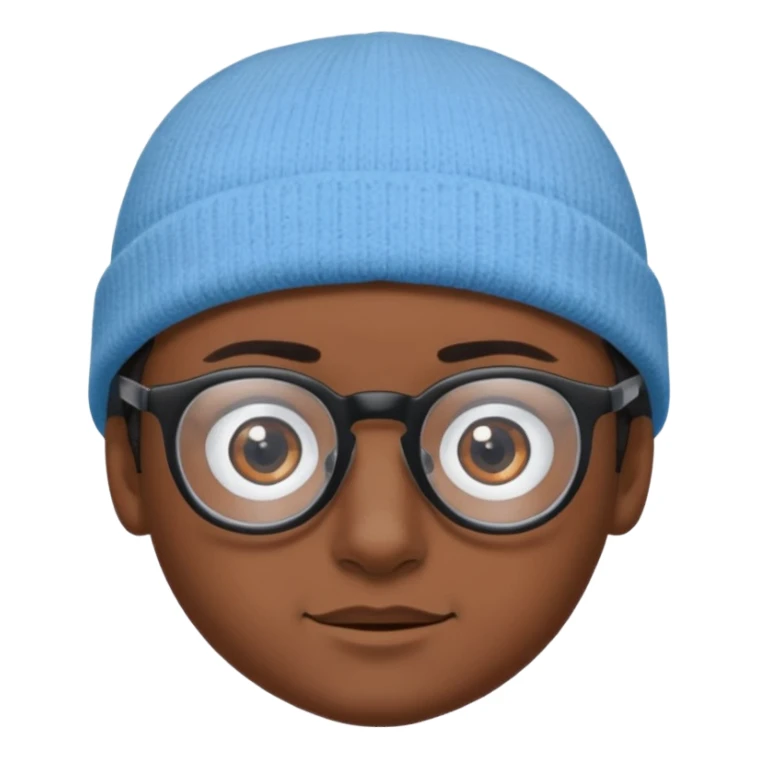 A boy or man emoji with medium-dark skin, wearing a light blue beanie and black-framed glasses, with brown eyes, dark eyebrows, a small nose, and a subtle smile on a clean-shaven face. sticker