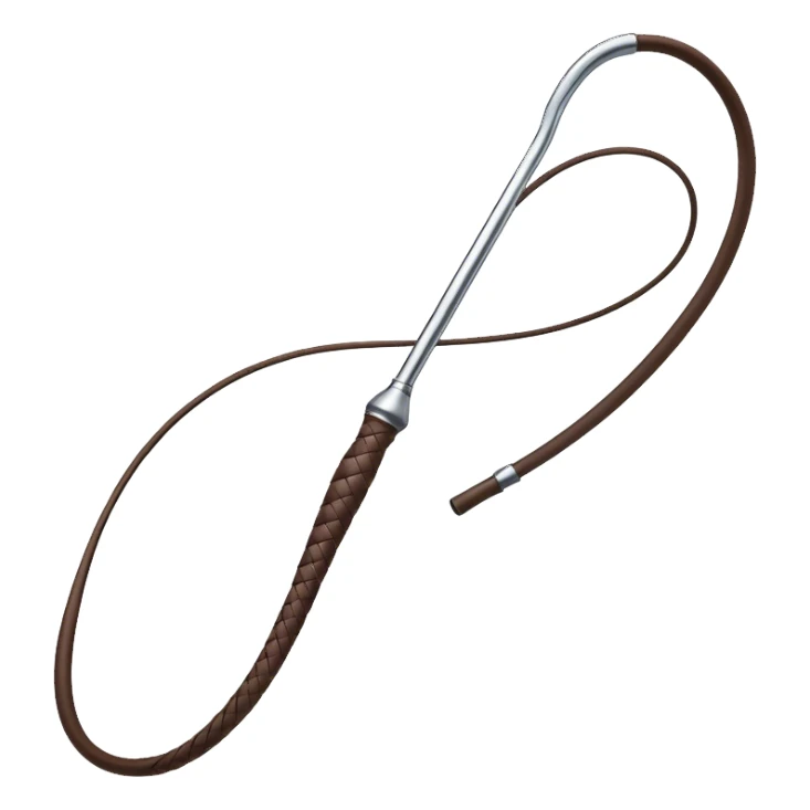 A whip mid-strike, curving dynamically through the air with motion lines to emphasize movement. The handle is detailed yet simple, with a leather-wrapped grip and a slightly glossy finish. The whip itself is long, flexible, and tapering, with a smooth, dark texture and subtle shading. sticker