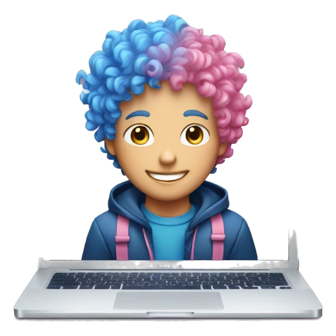 White smiling boy with blue and pink curly hair in front of a Macbook sticker